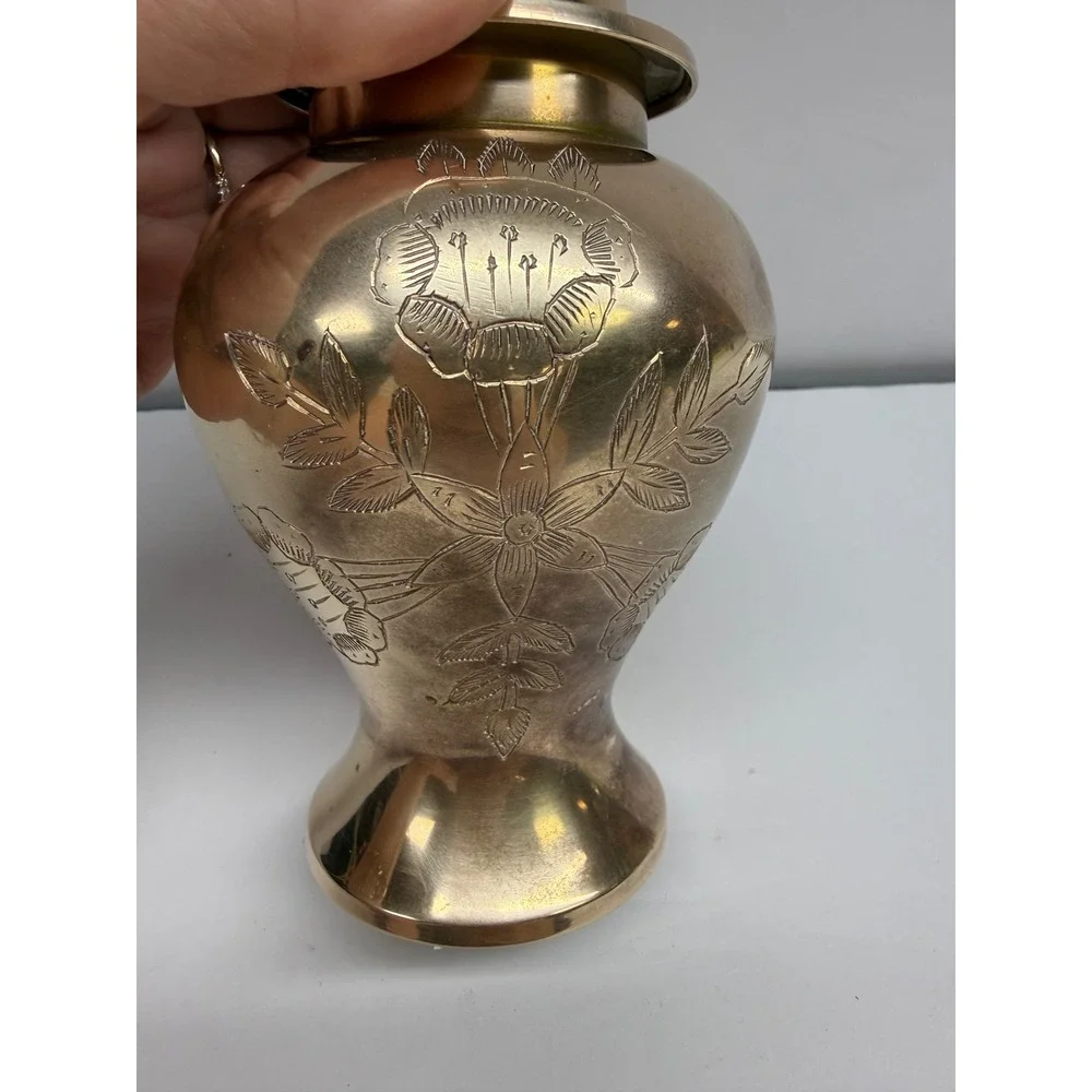 Vintage Etched Brass Ginger Jar with Lid Floral Engraved Urn Made in India 8.5in